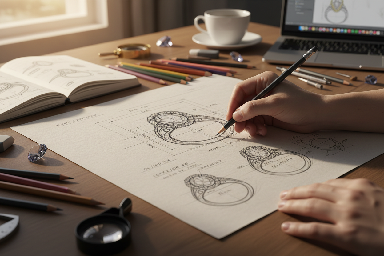Someone sketching a ring design